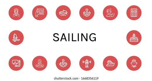 sailing icon set. Collection of Sailor, Travel, Jet ski, Anchor, Surfer, Airbed, Diving mask, Lighthouse, Yatch, Windsurf icons
