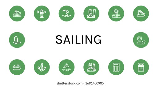 sailing icon set. Collection of Yacht, Lighthouse, Wave, Sailing, Yatch, Cargo ship, Anchor, Surfer, Airbed, Tramway, Windsurf icons