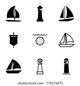 Sailing icons. set of 9 editable filled and outline sailing icons such as lighthouse, sailboat, sail