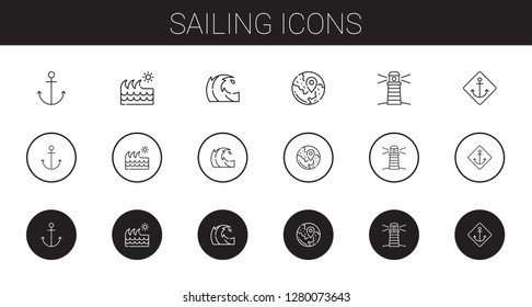sailing icons set. Collection of sailing with anchor, wave, travel, lighthouse. Editable and scalable sailing icons.