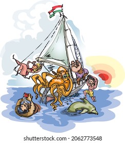 Sailing illustration, fun drawing of an eventful trip to the Adriatic sea