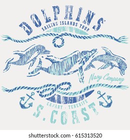 Sailing island tour emblem with dolphins