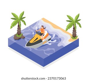 Sailing isometric composition with woman riding jet ski vector illustration