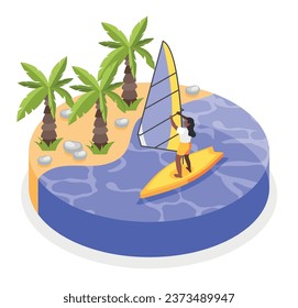 Sailing isometric concept with woman riding wind surf board vector illustration