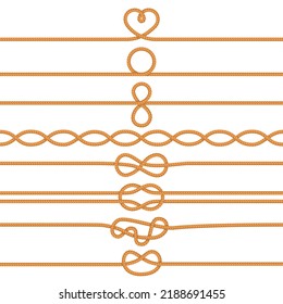 Sailing knots dividers. Marine rope border, sailors cord line and twisted ropes vector decorations set. Nautical strong cables tied in different shapes as circle, heart, infinity symbol