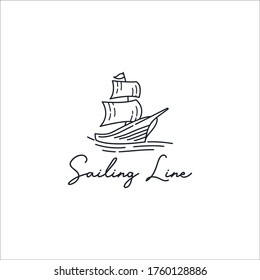 Sailing line art template logo design inspiration. Ship logo. Sailboat Premium Quality symbol icon vector illustration