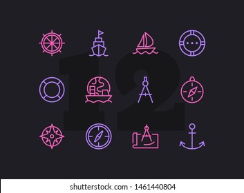 Sailing line icon set. Ship, anchor, compass. Travel concept. Can be used for topics like cruise, marine navigation, nautical