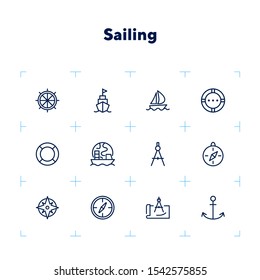 Sailing line icon set. Ship, anchor, compass. Travel concept. Can be used for topics like cruise, marine navigation, nautical