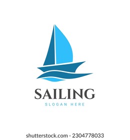 SAILING LOGO WITH BOAT AND OCEAN WAVE IN FLAT DESIGN