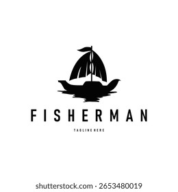 sailing logo design, black silhouette concept of fishing boat, with simple also as illustration template design