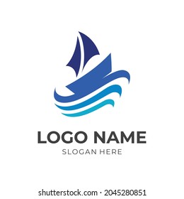 sailing logo design template concept vector with flat blue color style