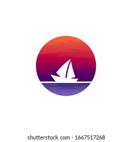Sailing Logo, Sun and Sailboat Silhouette Vector Logo 
