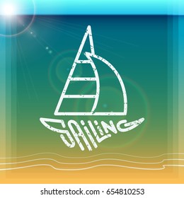 Sailing logo template design on a background with seascape. Vector illustration.