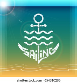 Sailing logo template design with a stylize anchor on a background with seascape. Vector illustration.