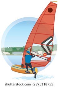 sailing male rider windsurfing on sailboard and red sail lifting out of water with background in circle