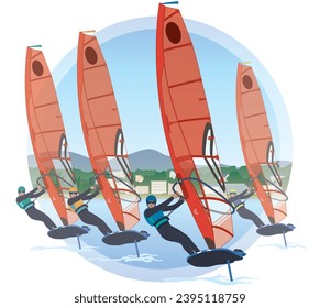 sailing male riders windsurfing in a regatta on sailboards and red sail lifting out of water with background in a circle