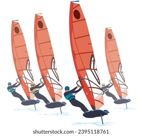 sailing male riders windsurfing in a regatta on sailboards and red sail lifting out of water isolated on a white background