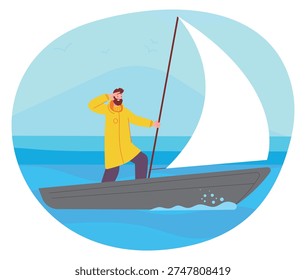 Sailing man look forward. Sailboat travel destination