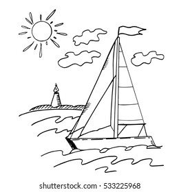 Sailing. Marine landscape. Sun, boat, clouds, waves, lighthouse. Black contour illustration. For prints, designs, coloring book pages.