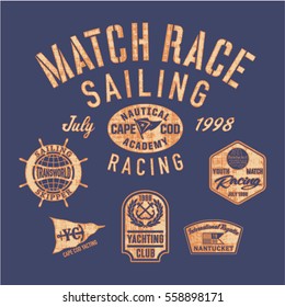 Sailing match racing, vector print for boy shirt grunge effect in separate layer