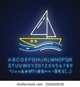 Sailing neon light icon.Watersport, extreme kind of sport. Yachting, swimming and navigation. Voyage, boat on ocean waves. Glowing sign with alphabet, numbers and symbols. Vector isolated illustration