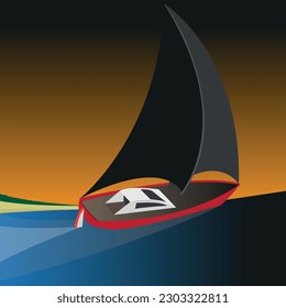 Sailing at night yacht  vector. sailboat sailing on wave. Yachting, sailing, regatta