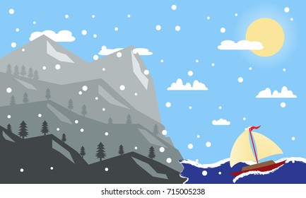 Sailing on the big wave and Snowy Mountain Landscape Flat Design