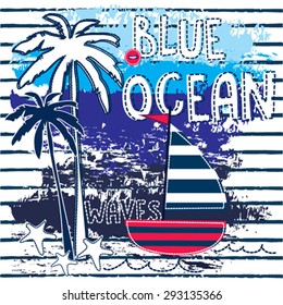 sailing on the blue ocean, T-shirt design vector illustration