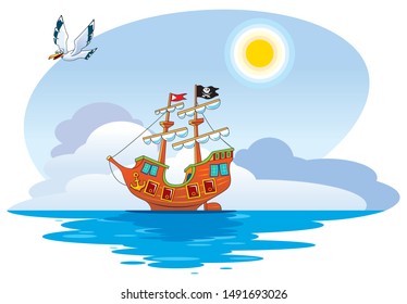 Sailing Pirate Ship. Cartoon style. Vector.