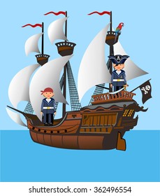 Sailing Pirate Ship with Sails and little pirate carnival. Graphic Vector Image