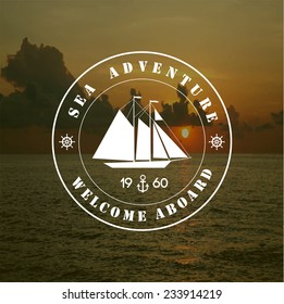 Sailing poster design template. Nautical background with sailboat, sea and sunset.