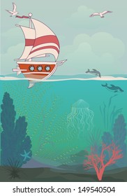 Sailing Poster - Summer holidays poster, with sailing ship and underwater flora and fauna, including coral reefs, dolphins, sea grass and jellyfish