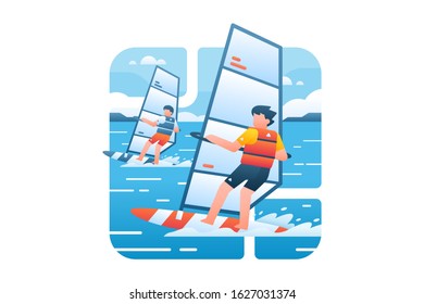 Sailing race vector illustration. Sailing athletes are racing at sea.