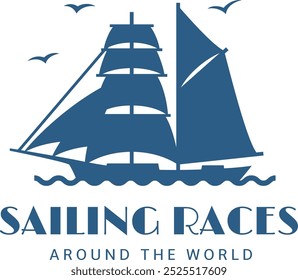 Sailing races club blue logo. Yacht silhouette