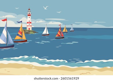 Sailing regatta with many various yachts and lighthouse. Horizontal banner with ocean view. Race sailboats or parade of ships concept Flat vector illustration, maritime background with copy space