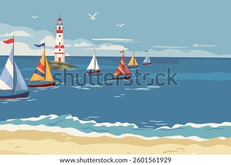Sailing regatta with many various yachts and lighthouse. Horizontal banner with ocean view. Race sailboats or parade of ships concept Flat vector illustration, maritime background with copy space