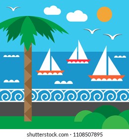 Sailing regatta and seashore. Yachting. Seashore and palm. Set of elements in flat style. Vector 