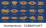 Sailing rope knot. Square reef, tomfool and overhand knots. Nautical rope hitches and loops vector set. Two halves hitches, bowline and stevedore knot elements tutorials isolated on blue