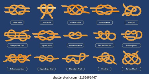 Sailing rope knot. Square reef, tomfool and overhand knots. Nautical rope hitches and loops vector set. Two halves hitches, bowline and stevedore knot elements tutorials isolated on blue