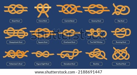 Sailing rope knot. Square reef, tomfool and overhand knots. Nautical rope hitches and loops vector set. Two halves hitches, bowline and stevedore knot elements tutorials isolated on blue