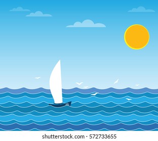 Sailing sailboat and seagulls over the waves