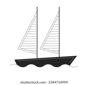 Segeln Segelboot Wellen flach monochrome einzelne Vektorobjekte. Wasserfahrzeuge. Seeverkehr. Bearbeitbare Schwarz-Weiß-Kunstzeichnung. Einfache Umriss-Spot-Illustration für Web-Grafikdesign