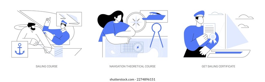 Segelschule abstraktes Konzept Vektorgrafik Set. Segelkurse, theoretische Unterrichtsstunden für die Schifffahrt, Segelzeugnis, Segelsport und Hobby, abstrakte Metapher für die Bootsführerschein.