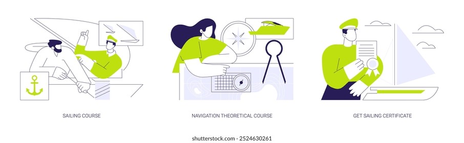 Vela escola abstrato conceito vetor ilustração conjunto. Curso de vela, aulas teóricas de navegação, obter certificado de vela, esporte de iate e hobby, licença de barco metáfora abstrata.