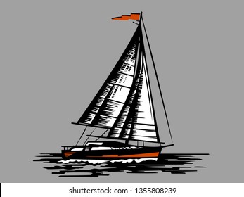 Sailing schooner black on grey background. Hand drawn engraving imitation.  Design silhouette. Isolated vector design.