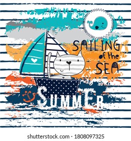 sailing of the sea with cat vector illustration
