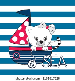 sailing of the sea, sailor cat, cat with sailing boat vector illustration