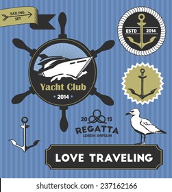 Sailing set with anchor, yacht, seagull and knot