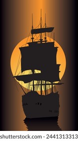 Sailing ship against the backdrop of the full moon. Vector illustration for design illustrations in vintage style