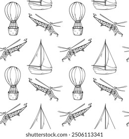 Sailing ship, air balloon, airplane black and white vector graphic seamless pattern. Monochrome boat, aircraft, vessel, aerostat repeating texture hand drawn. Endless silhouette transport for boy.